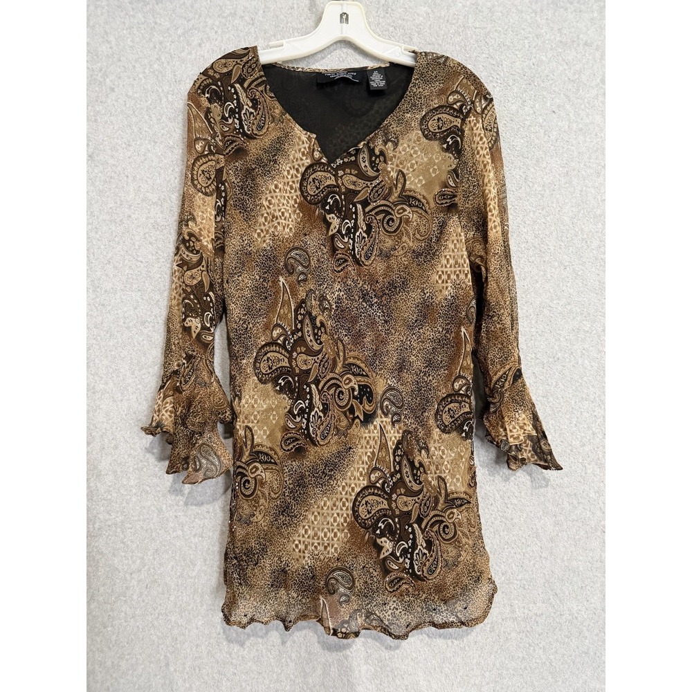 New York City Design Co. Blouse Womens 2X Brown Paisley Beaded Ruffle Tunic Top